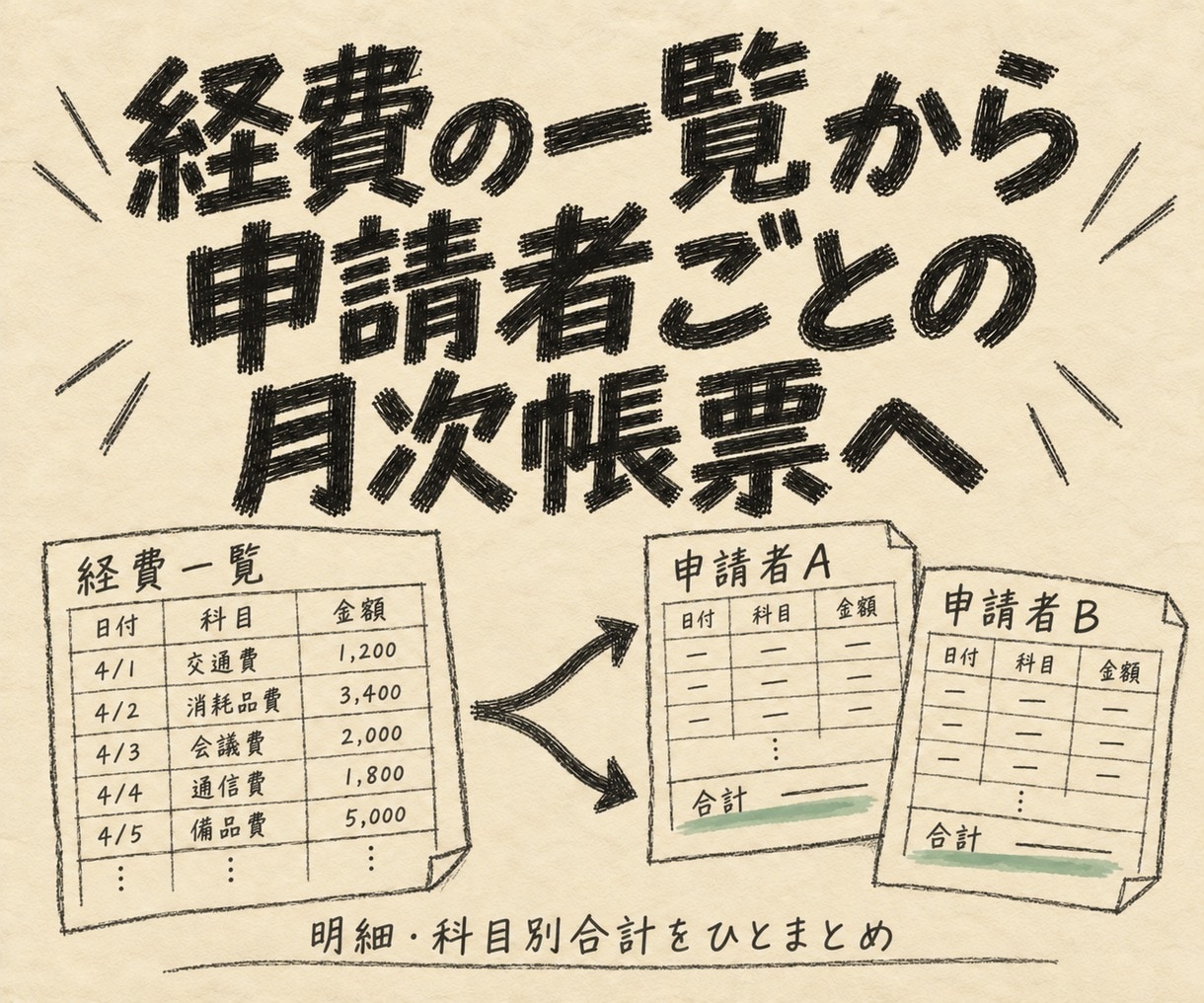経費一覧から申請者別の月次帳票を作ります 月末の経費を、人ごとの明細と科目別合計に整理 イメージ1
