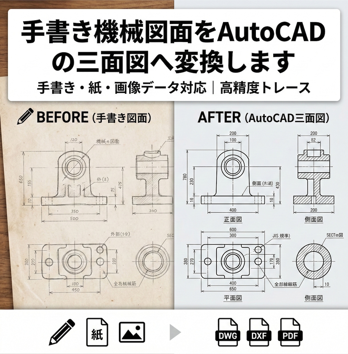 手書き機械図面をAutoCADの三面図へ変換します 機械製図ルールに基づき、編集しやすく正確な三面図を作成します イメージ1