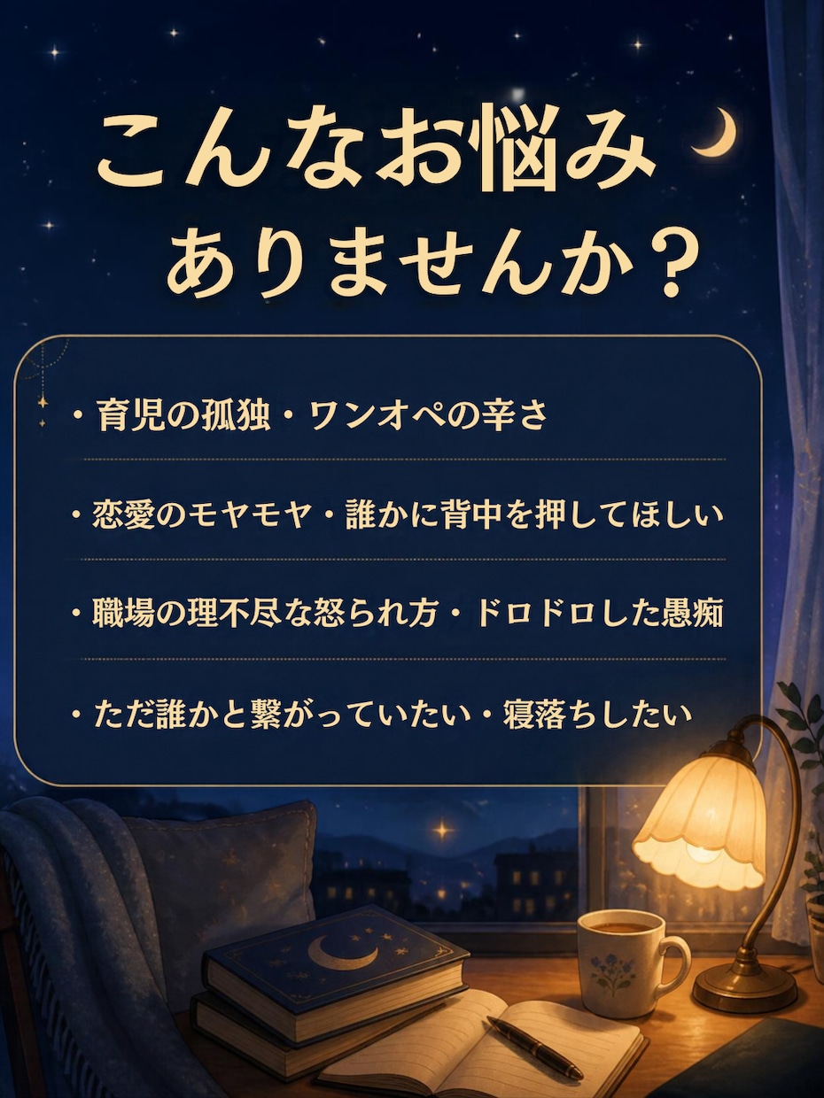 深夜のモヤモヤ、育児から恋愛まで何でも聞きます 【深夜の即レス対応】完全テキストでこっそり相談できます。 イメージ4