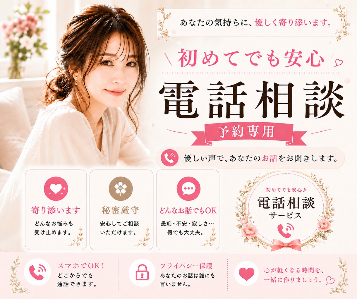 電話相談・話し相手/ あなたの心を楽にします 穏やかな雰囲気で、初めてでも安心。雑談でもOKです。 イメージ1