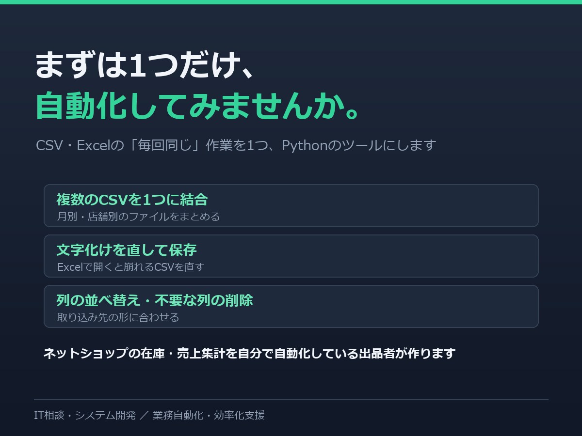 Excel・CSVの手作業を1つ自動化します まずは1つだけ。面倒なCSV作業を自動化 イメージ1