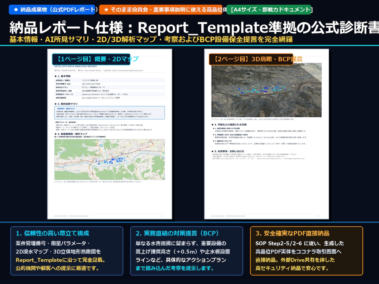 衛星SARとAIで水害・浸水被害を解析します 過去の浸水範囲と深さを高精度に可視化し、PDFで即納します。 イメージ5
