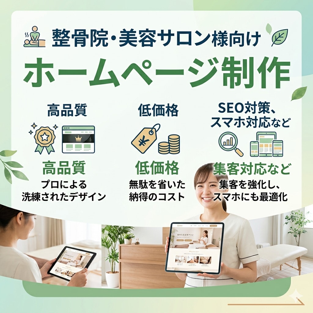整骨院・美容サロン向けホームページを作ります プロ品質が初期7万円、月の運用費用3千円。SEO対策込み イメージ1