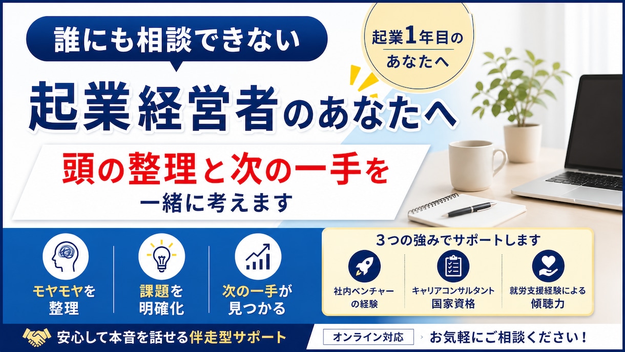 起業1年目/ 頭の整理と次の一歩を一緒に見つけます 誰にも相談できない悩みを、一人で抱えていませんか？ イメージ2