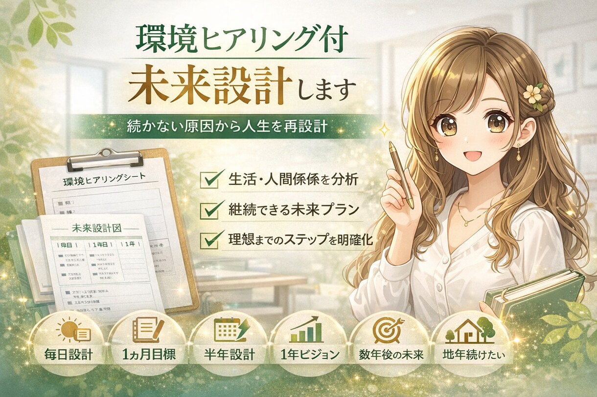 何も続かない人専用！習慣化未来設計します 毎日〜数年後まで未来を言語化し、設計図をつくります。 イメージ1
