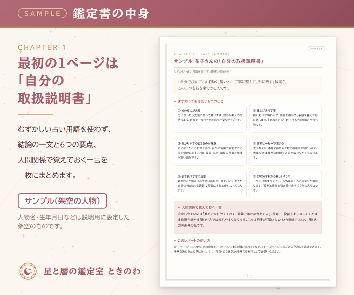 3占術で読む10年の流れ｜総合鑑定書をお届けします 3つの占術を重ねて、転機と才能をPDFでお伝えします イメージ2