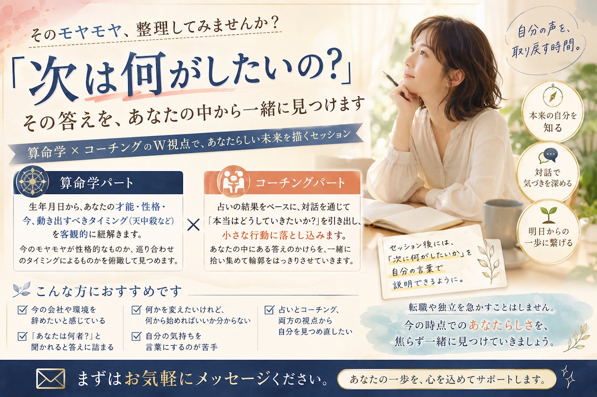 算命学×コーチングでやりたいことを明確にします 「その先」が見えなくて不安な方へ。次の一歩を具体化します。 イメージ1