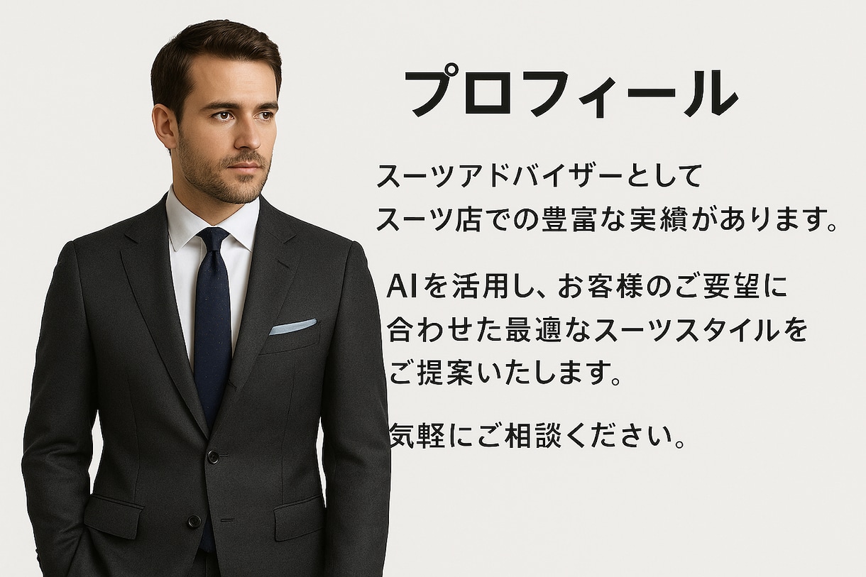 AI×プロ目線で提案！似合うスーツコーデ診断します あなたの目的に合わせたコーディネートをAIと一緒にご提案！ イメージ2