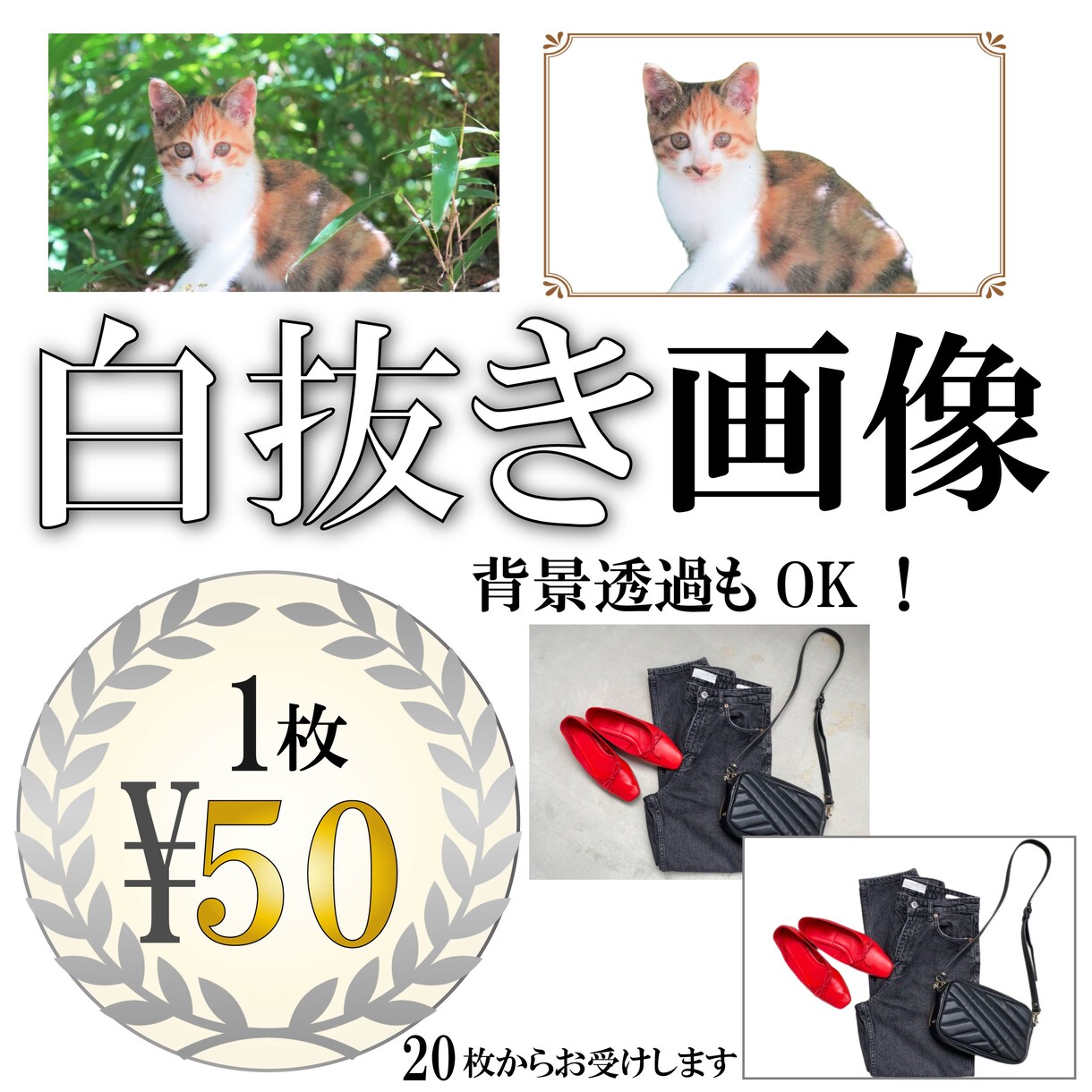 1枚50円 画像の面倒な画像の切り抜きいたします 白背景、透過どちらもOK！おまかせください！ イメージ1