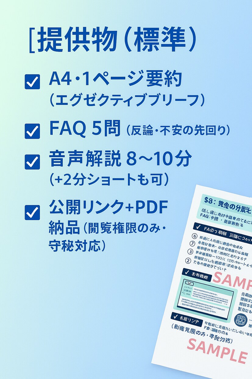 資料3点→A4要約＋FAQ＋8分音声作ります 会議前に“1枚と8分”で要点だけ。役員共有・営業冒頭に最適。 イメージ3