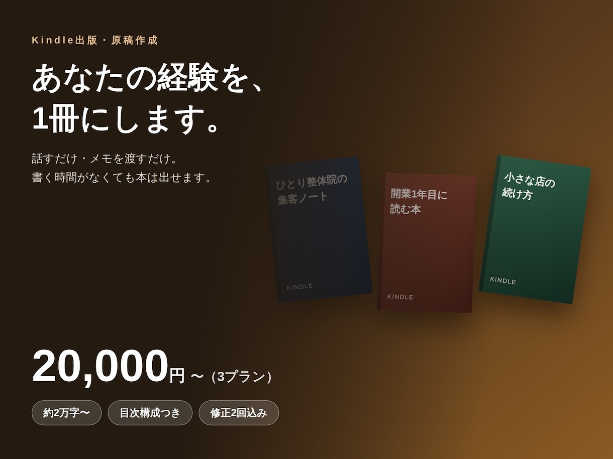 Kindle出版用の原稿を丸ごと書きます 話すだけ・メモを渡すだけ。あなたの経験を2万字〜の本にします イメージ1