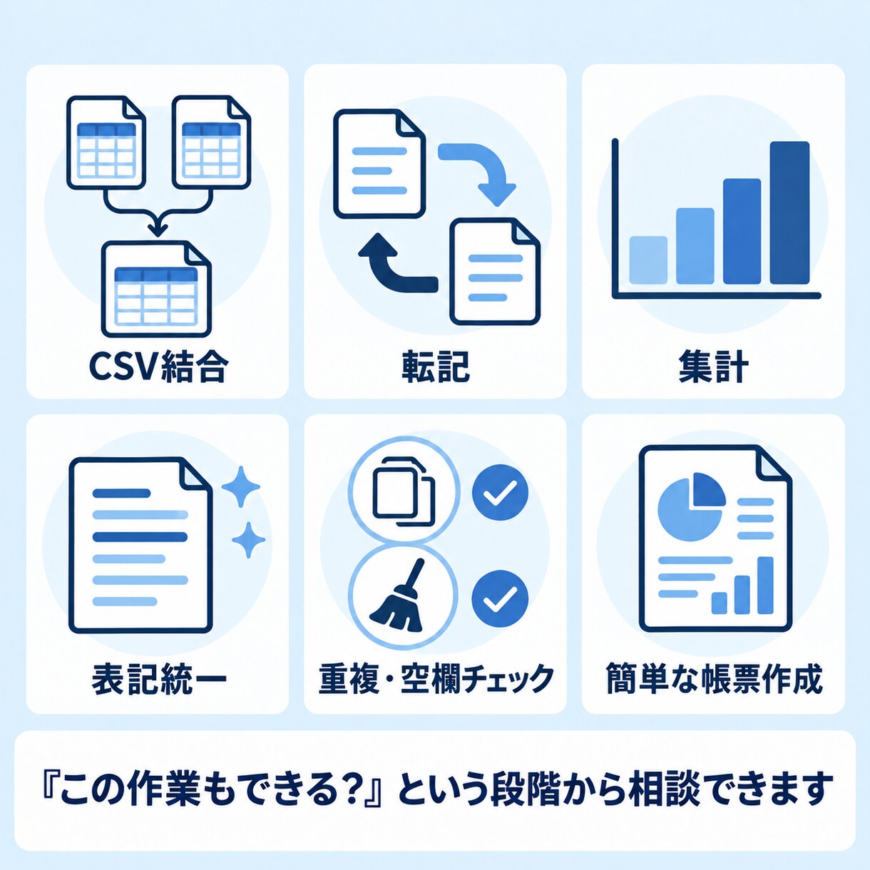 毎回のExcel・CSV作業を整理し、自動化します 曖昧な作業も、必要な部分から小さく仕組み化します。 イメージ3