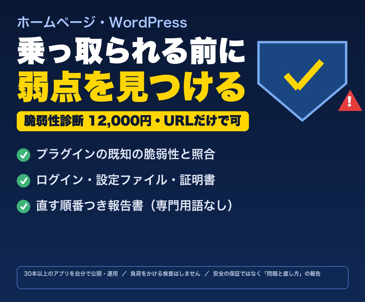 HP・WordPressの脆弱性診断をします 乗っ取り・改ざんの前に。外から見える穴と直す順番を報告 イメージ1