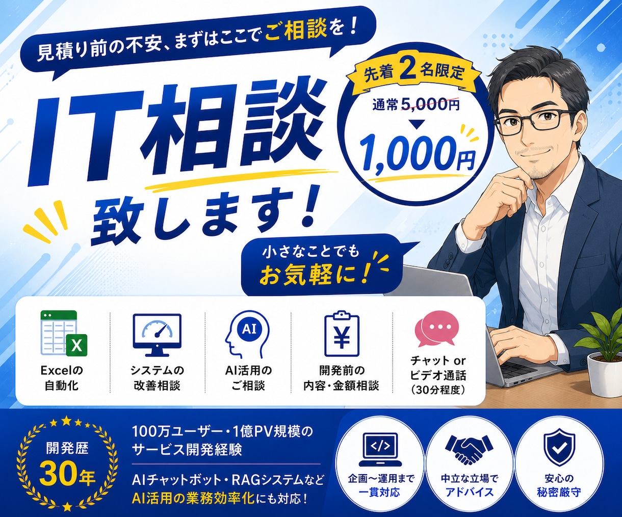 モニター価格【先着2名限定】IT相談 致します 見積り前の不安、まずはここでご相談をしてください イメージ1