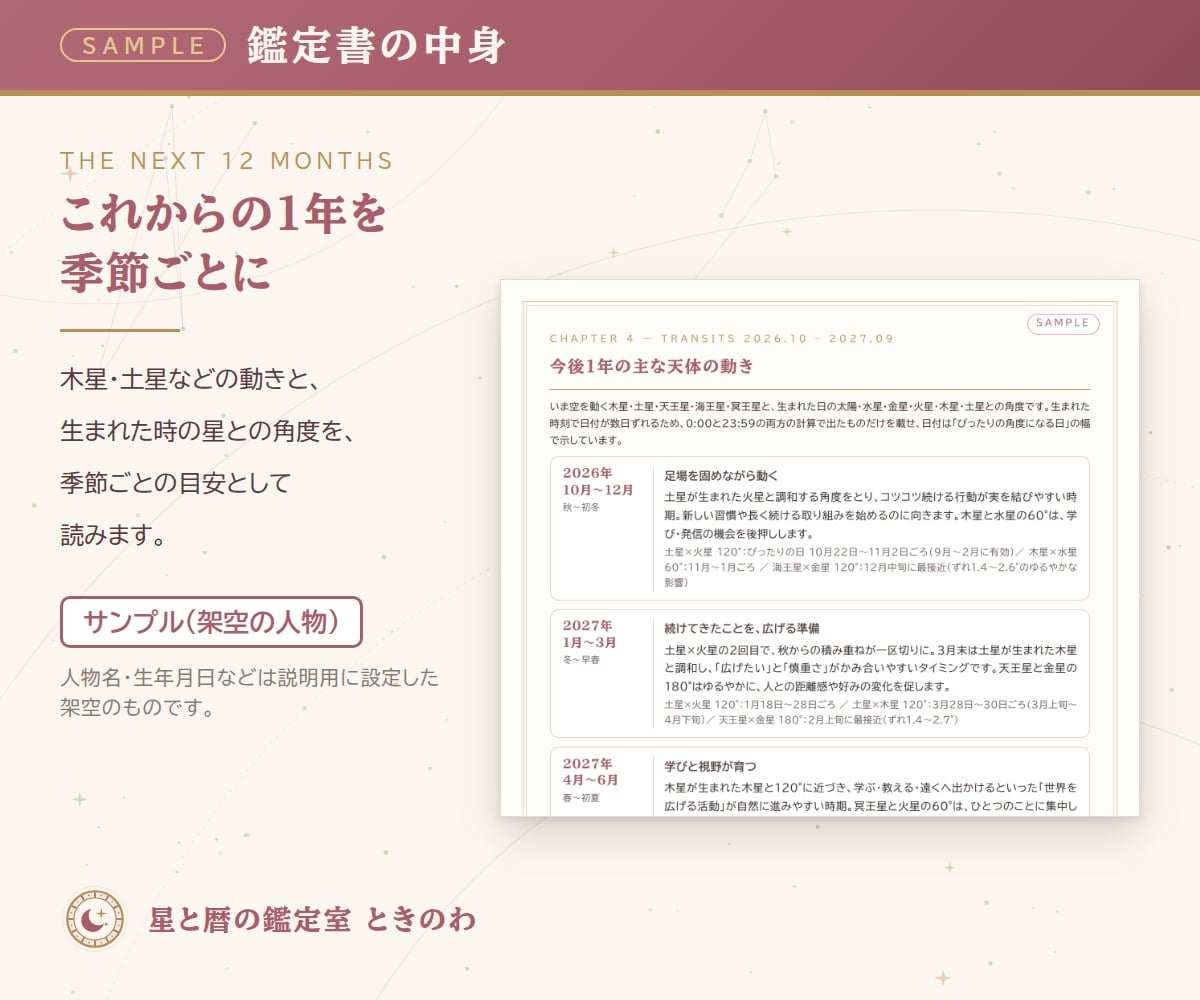 星座と今後1年の流れを鑑定書にまとめます 出生時刻が不明でもOK｜西洋占星術ライト鑑定書PDFで提供 イメージ3