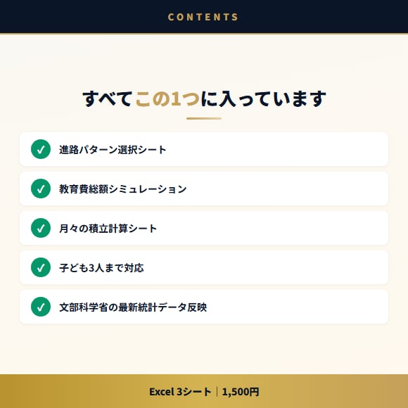 1400万の差がわかる教育費計算ツールを提供します 幼稚園〜大学まで教育費の総額が一目でわかるExcel イメージ5
