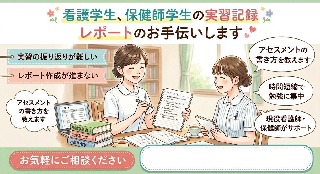現役看護師、保健師があなたの記録手伝いします 実務経験10年以上の私があなたの実習や学習をサポート！ イメージ1
