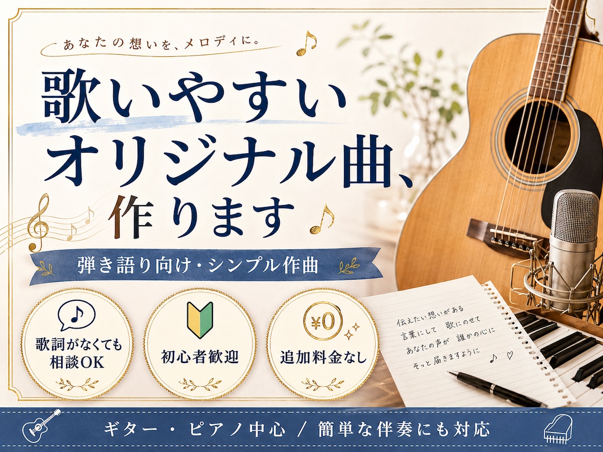歌詞をもとに、歌いやすいオリジナル曲を作ります 料金はすべて込み！ 隠れた追加費用ゼロで、現役作曲家が作成！ イメージ1