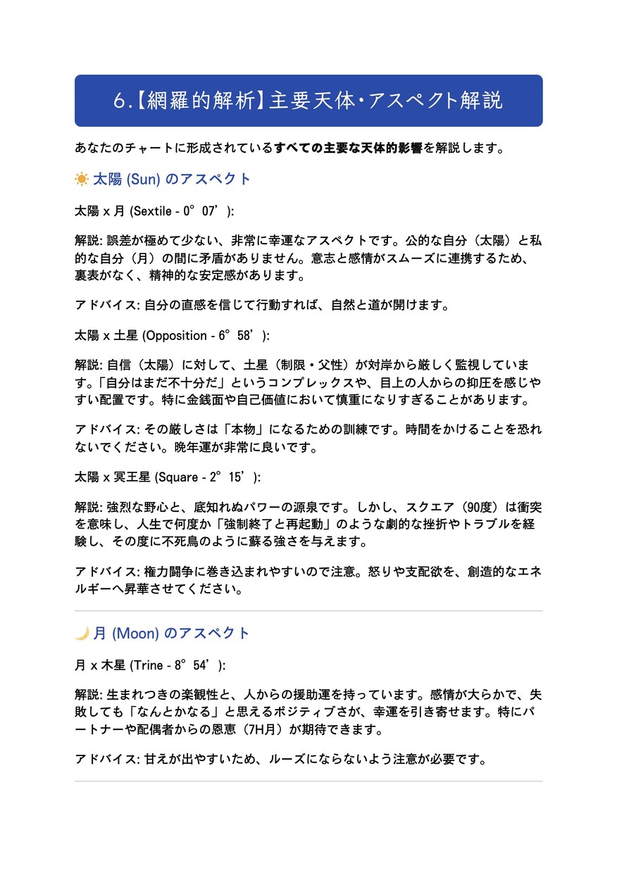 人生を総合的に読み解く精密鑑定レポートを作成します 特徴・魅力・才能・アスペクト&ハウス詳細・転換期・直近の運勢 イメージ5