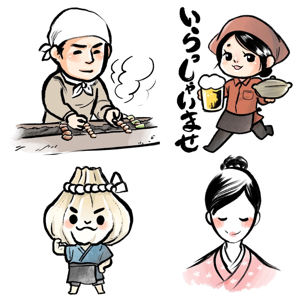筆絵,墨絵と水彩風で食べ物、動物、人物を描きます 商用OK!ポップで和風っぽいイラストに仕上げます。 イメージ4