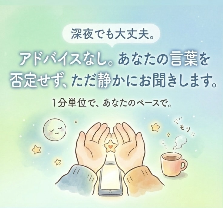否定せずあなたの気持ち最後まで丁寧にお聞きします アドバイスなし。あなたの言葉、気持ちを否定しません。 イメージ1
