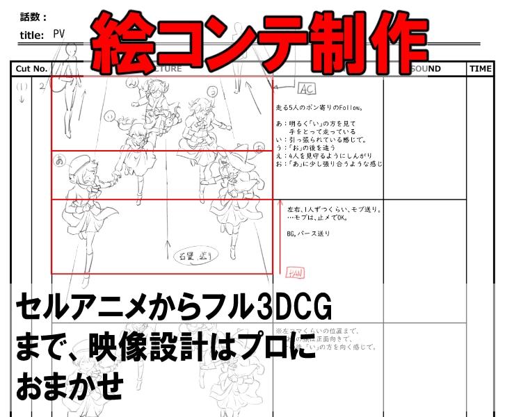 歴20年以上の演出家がアニメ映像絵コンテ描きます セルアニメからフル3DCGまで、映像設計はプロにおまかせ イメージ1
