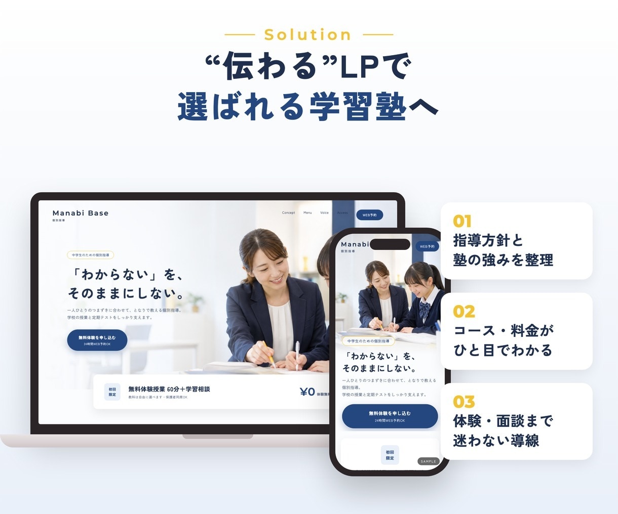 学習塾・個別指導塾専門の集客LPを作ります 店舗経営の経験を活かし体験申込につながるページをご提案 イメージ3
