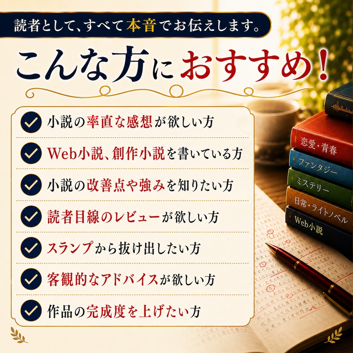 小説添削｜作品の魅力と改善点をお伝えします 読者目線で改善点を率直かつ細かくわかりやすく伝えます！ イメージ3