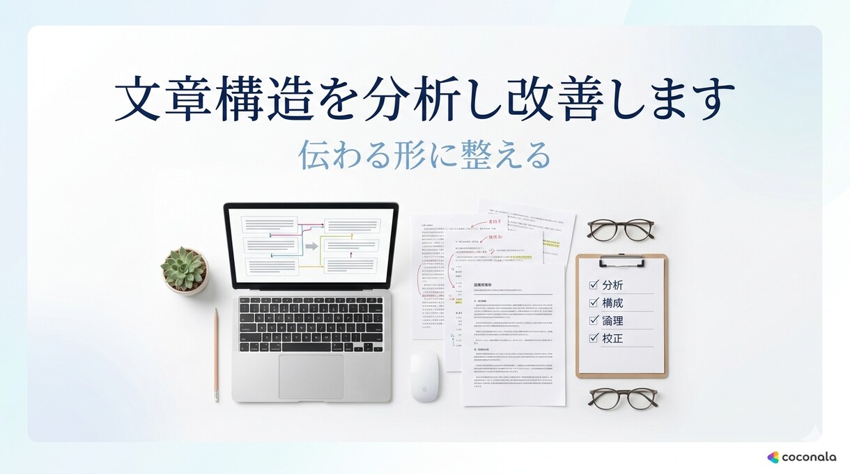 文章を設計し伝わる形に整えます 構造から整理し、読まれる文章へ。 イメージ1