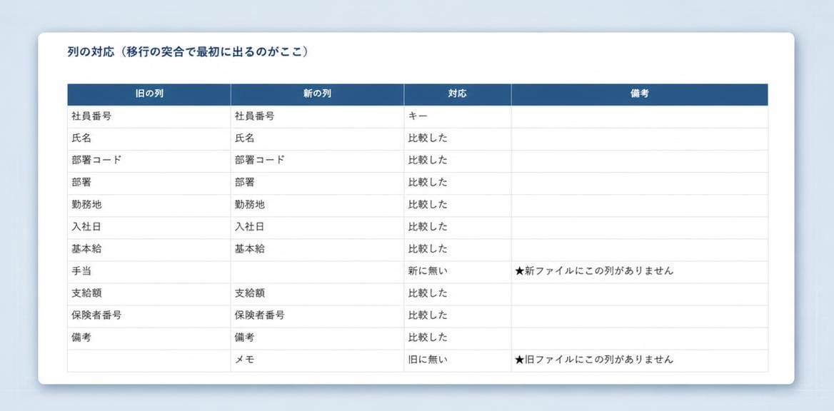 データ移行後の突合検証で証拠レポートを作ります 「前と同じ数字が出るか」を1セルずつ確かめて証拠を残します イメージ3