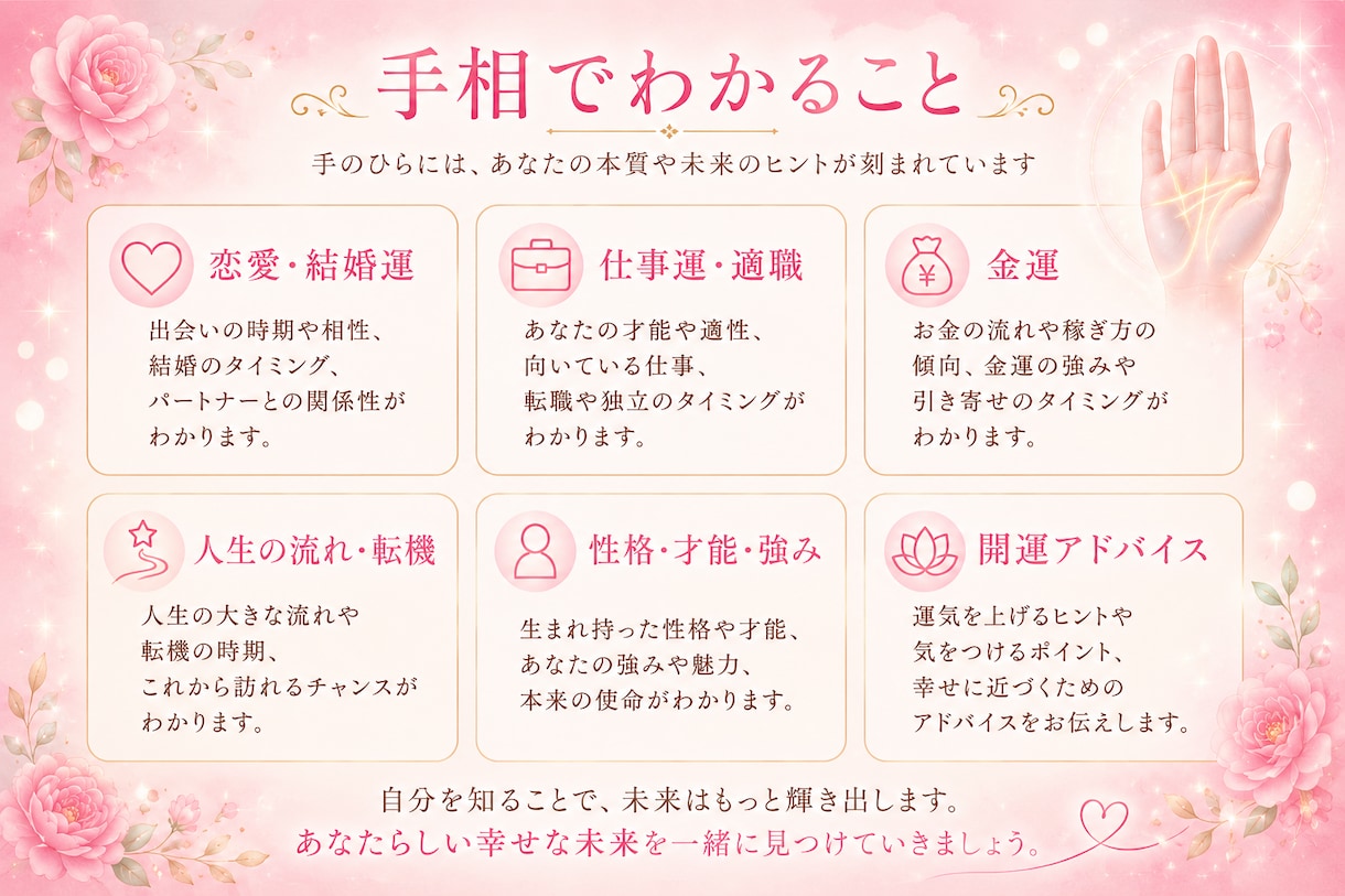 手相から才能・恋愛・仕事運を詳しく鑑定します 手相からあなたの未来へのヒントをお届けします イメージ2