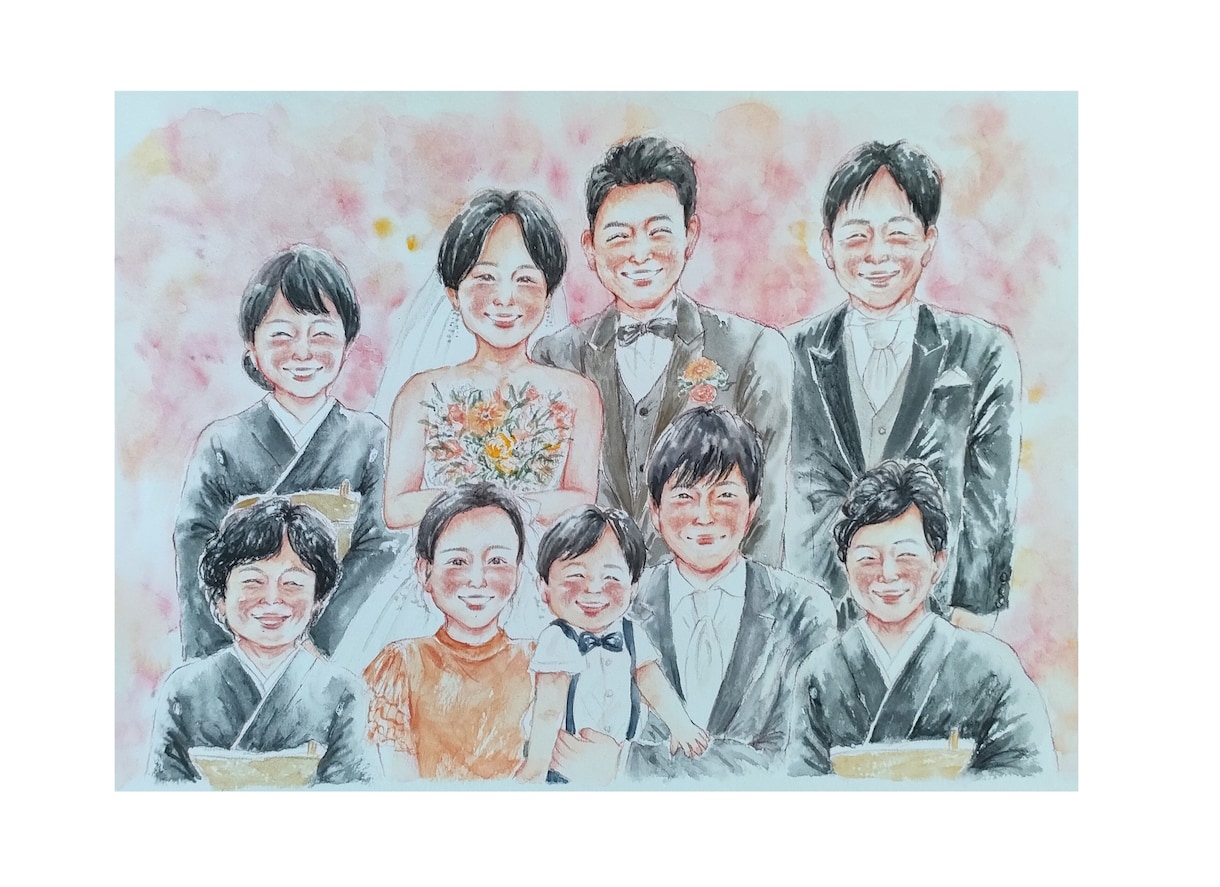 手描きの温かい似顔絵を水彩でお描きします 還暦祝いや米寿祝い、ウェディングにおすすめです(A4サイズ) イメージ1