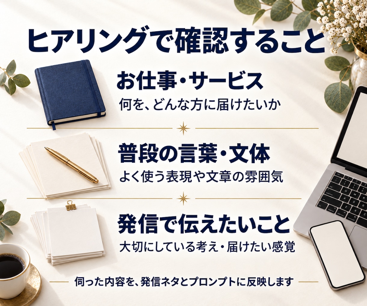 あなたの言葉で伝わる発信の型を作ります 発信ネタ10個+投稿文+プロンプトで世界観のまま迷わず書ける イメージ3