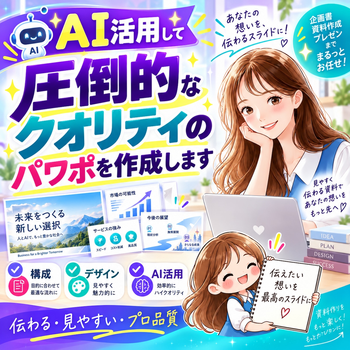 AI活用して圧倒的なクオリティのパワポを作成します AIとデザインの力で、伝わる資料に仕上げます イメージ1