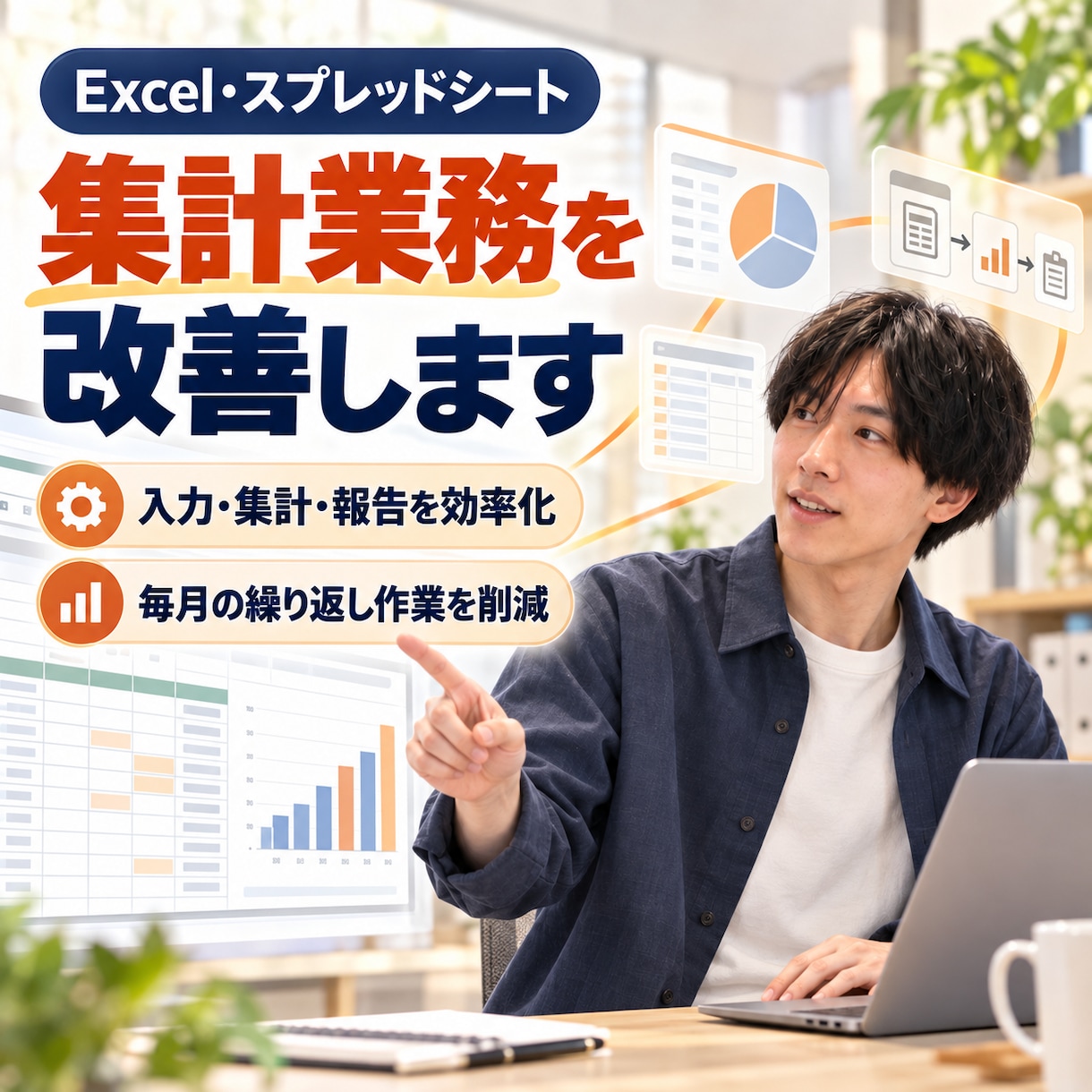 Excel・スプレッドシートの集計を自動化します 毎月繰り返す入力・集計・報告業務を減らします。 イメージ1