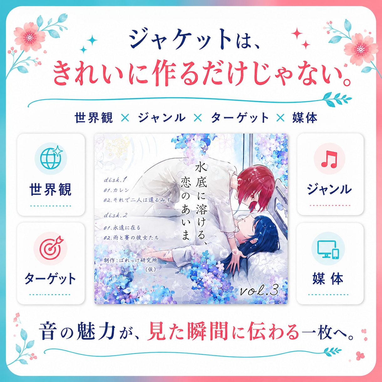 楽曲の世界観が伝わるCD・配信ジャケット制作します 音・言葉・世界観を整理して作品の“顔”になる一枚に仕上げます イメージ2