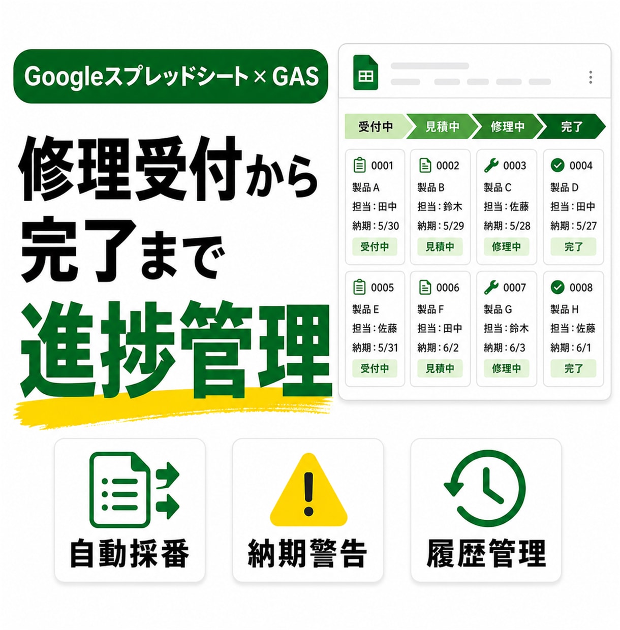 修理受付・進捗管理表をGASで作成します 受付番号・修理状況・納期・履歴を一元管理 イメージ1