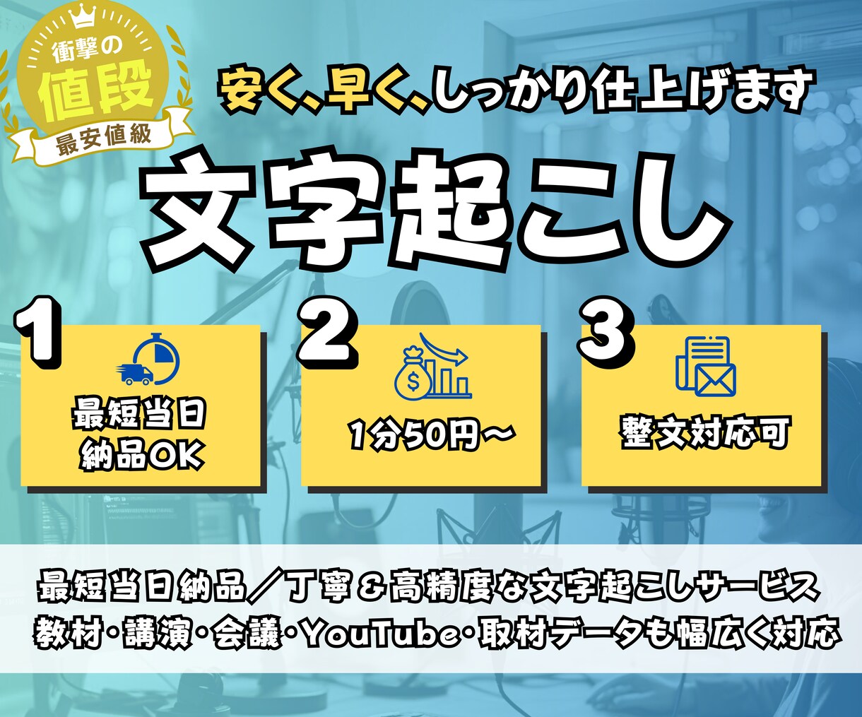 最短当日！1分50円〜音声・動画を文字起こします 最短当日対応可能！音声・動画を正確に速く対応します イメージ1