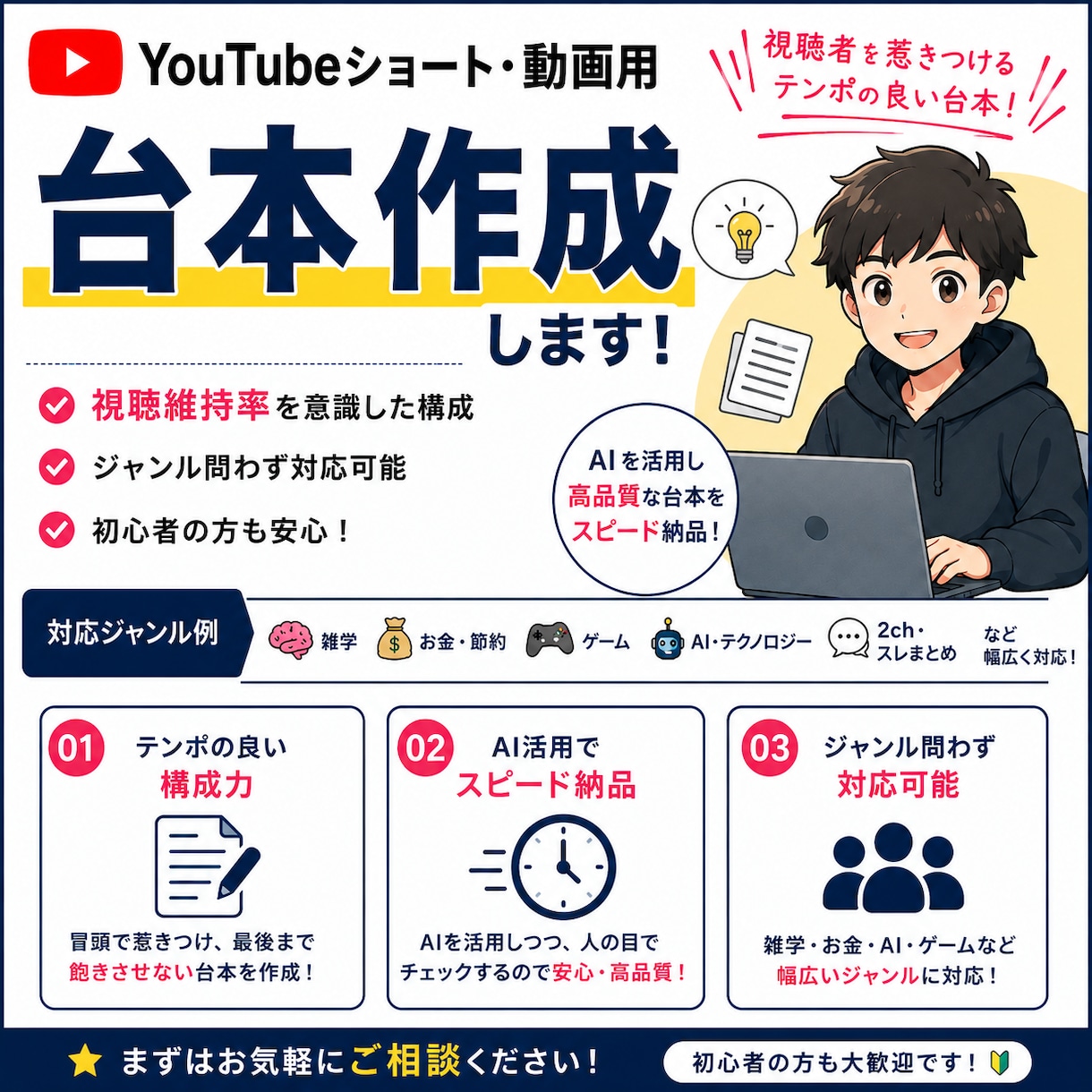 YouTube動画・ショート用の台本を作成します 視聴維持率を意識したテンポの良い台本を作成！ イメージ1