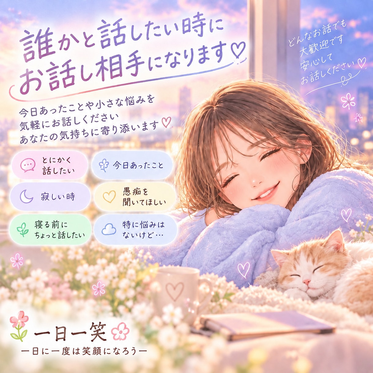 誰かと話したい時にお話し相手になります 今日あったことや小さな悩みを気軽にお話しください イメージ1