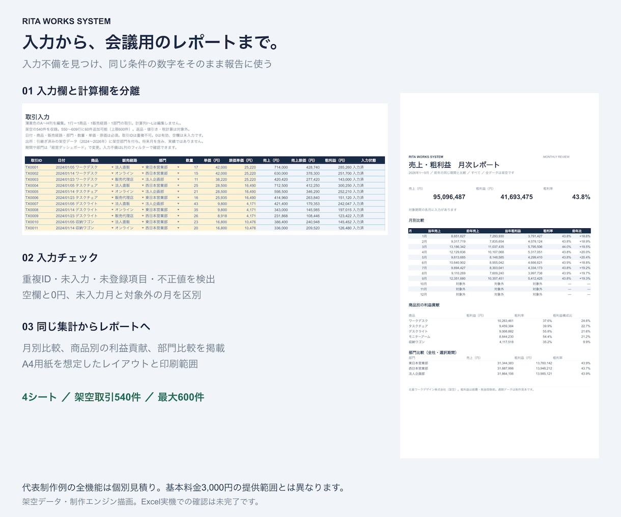 文章仕様からExcel集計表を作ります 実データ不要、入力と集計を１シートに整理 イメージ3