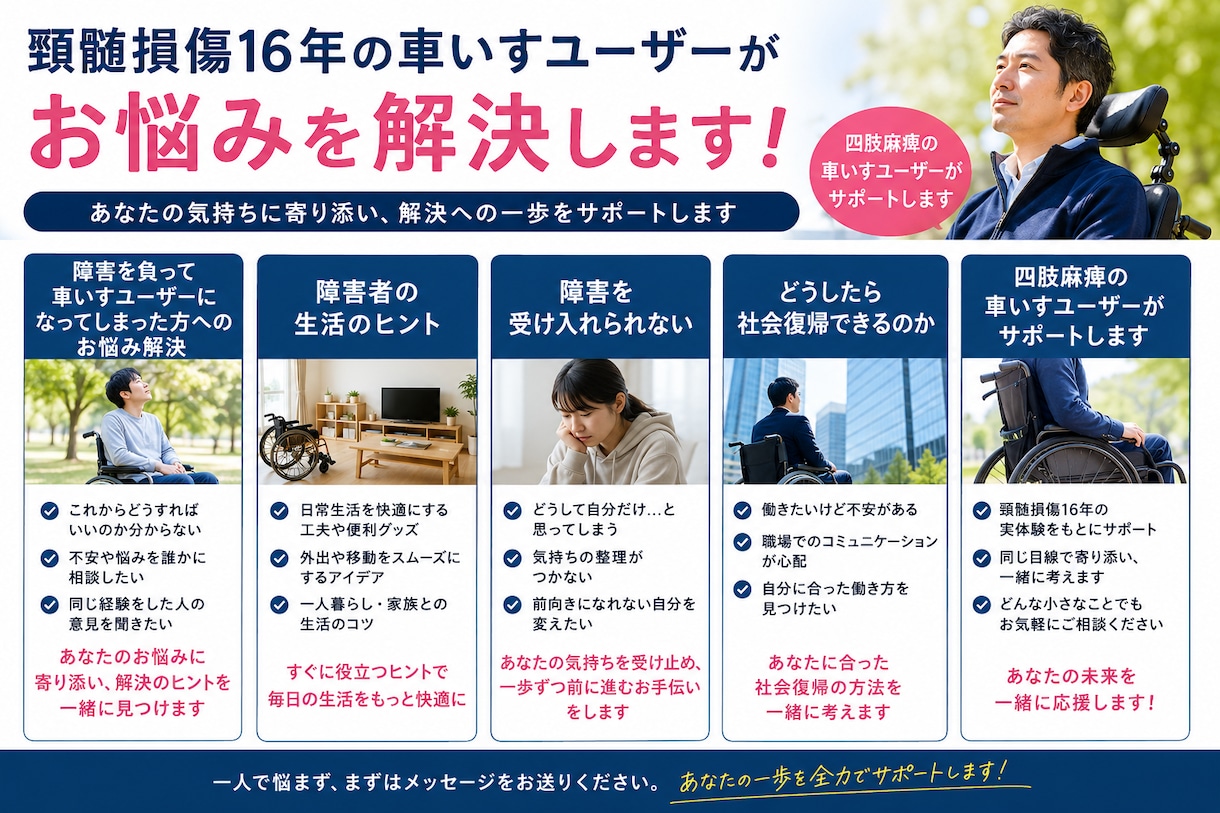 四肢麻痺の当事者があなたのお悩みに寄り添います 頸髄損傷のお悩みはもう一人で抱えなくて大丈夫 イメージ5