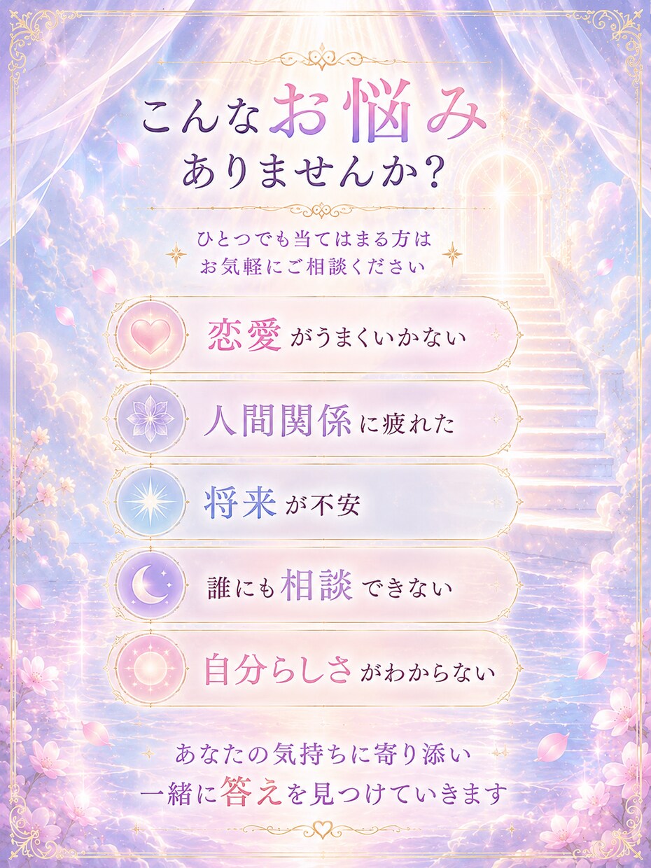 占いとカウンセリングで心を整えます あなたの心に眠った悩みを整理し前向きな一歩の背中を押します。 イメージ4