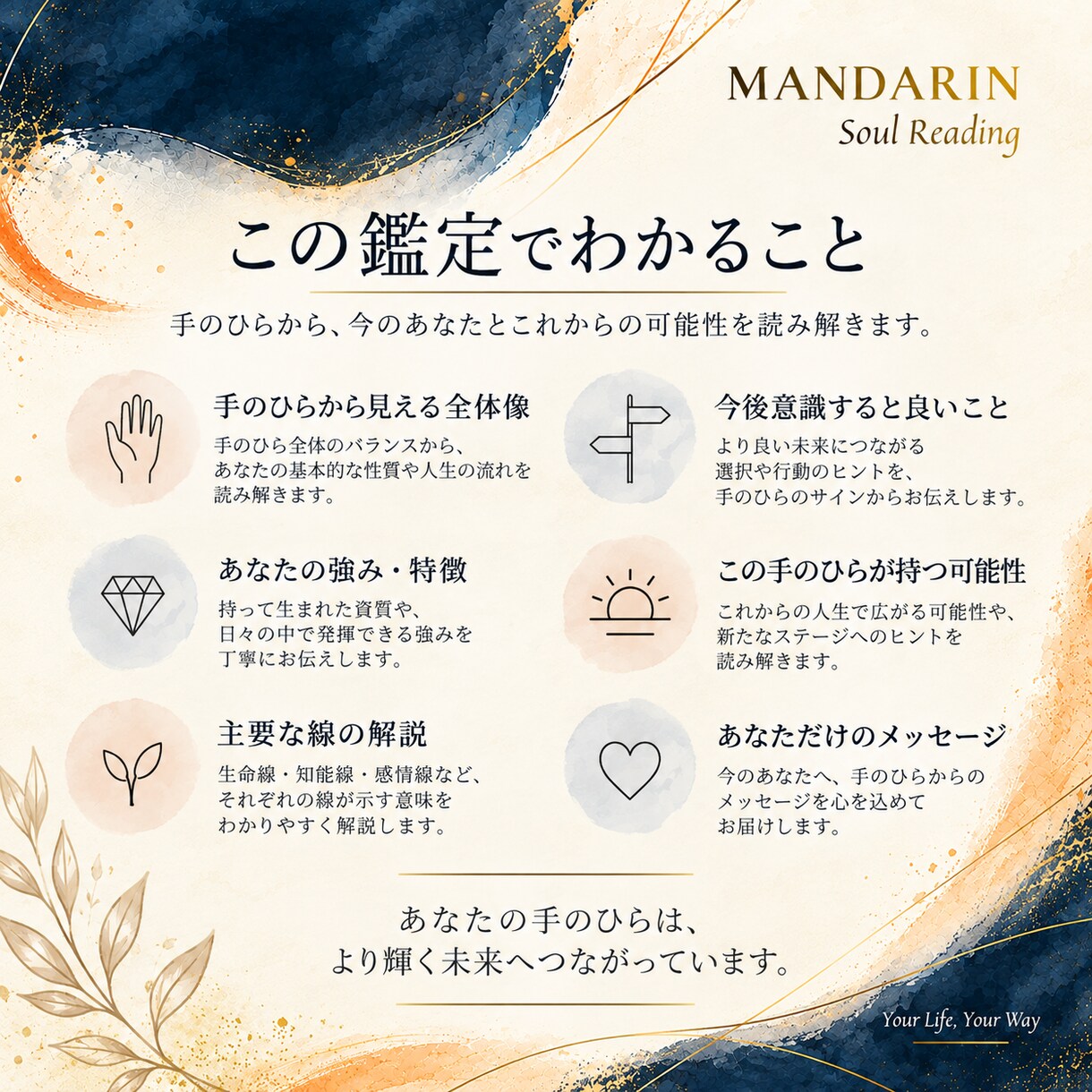 手相からあなたの強みと可能性を読み解きます 手のひら写真を丁寧に読み個別鑑定書でお届け イメージ3