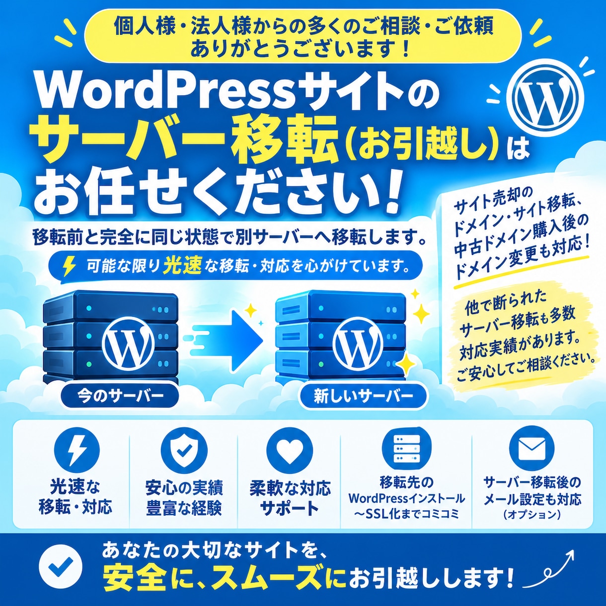 Wordpressのサーバー移転・引越し代行します ほかで断られたワードプレスサイトのご引越しもお任せください！ イメージ3