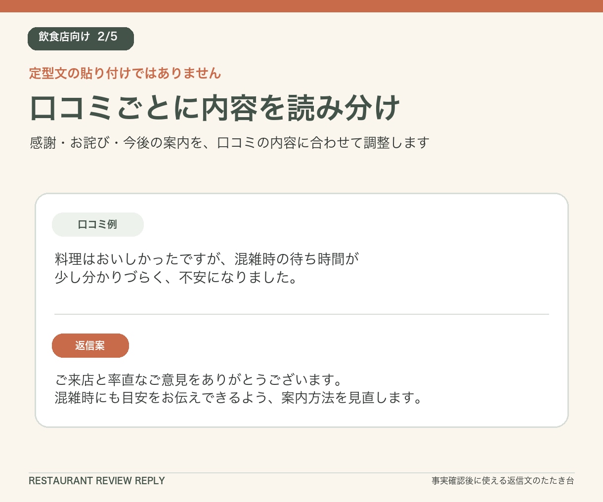 飲食店のGoogle口コミ返信文を5件作成します 高評価・低評価にも、お店らしい丁寧な返信案をご用意 イメージ2