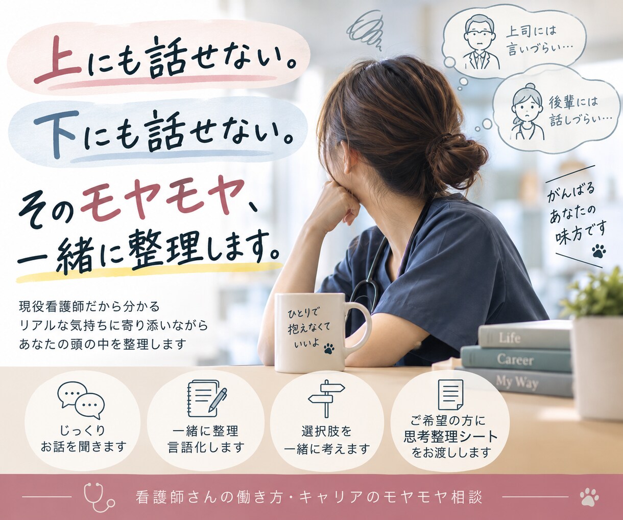 看護師さんの仕事のモヤモヤを整理します 上にも下にも話しづらい悩み、一緒にほどきます イメージ1