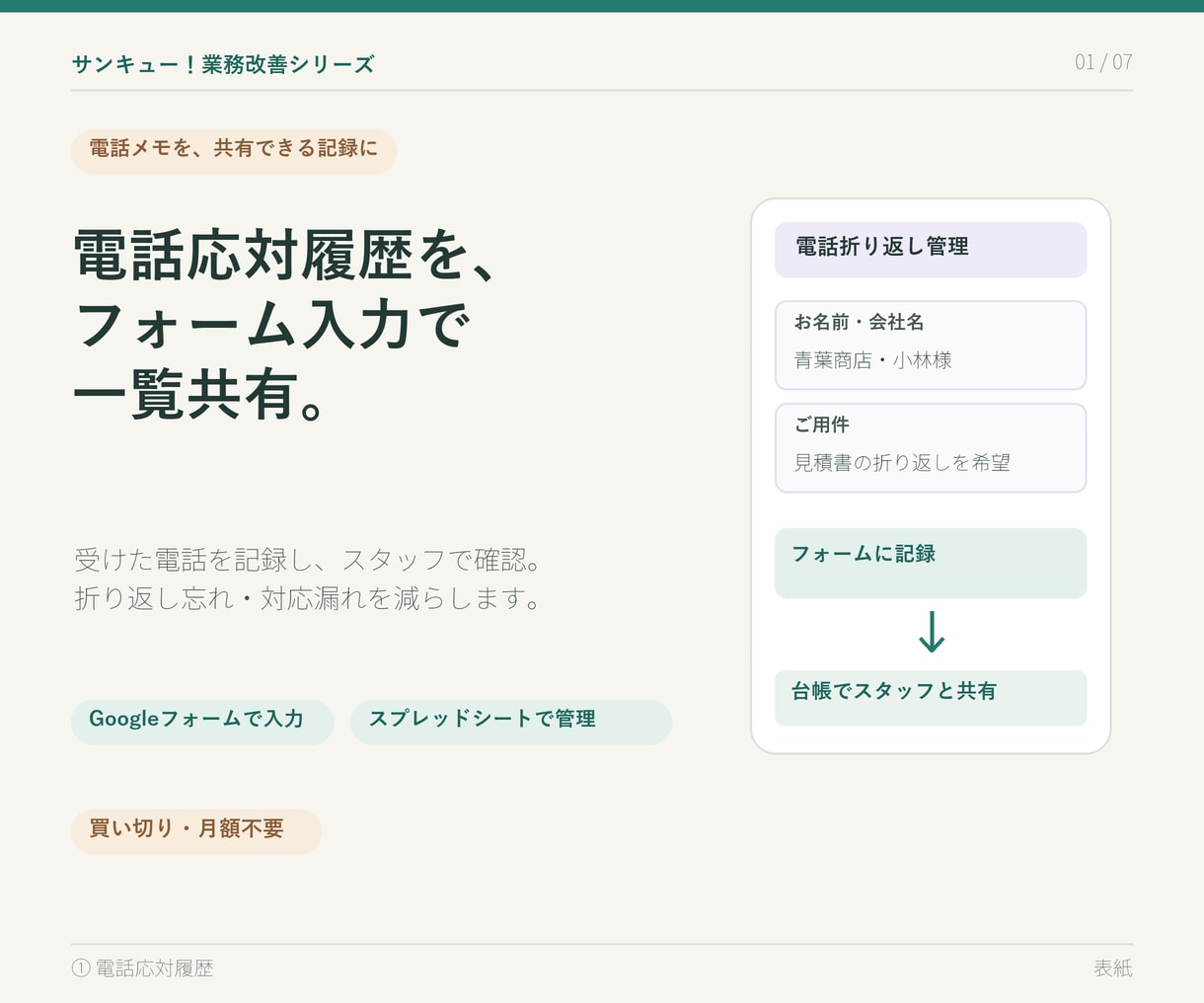 サンキュー！業務改善①電話応対履歴を管理します 目的特化のシンプルなシステムで、電話対応を見える化します。 イメージ1