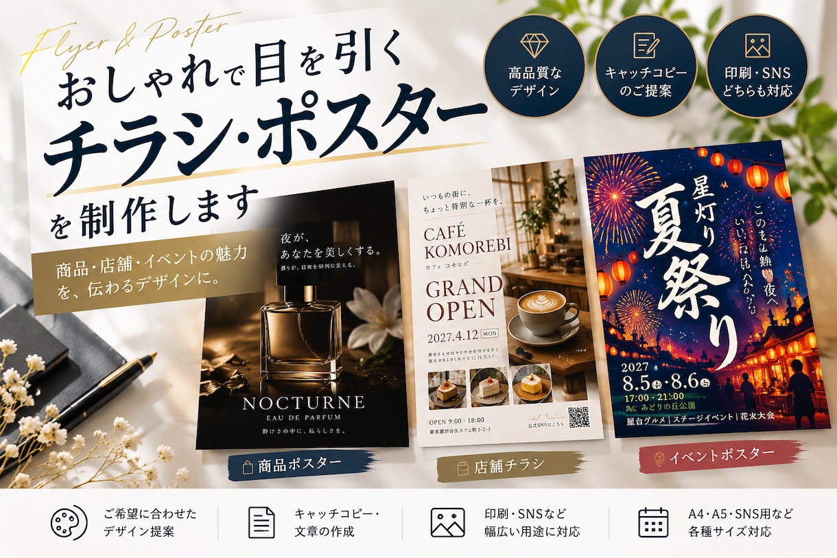 目を引くおしゃれなチラシ・ポスターを制作します 商品PR・店舗広告・魅力が伝わるデザインをお届け イメージ1