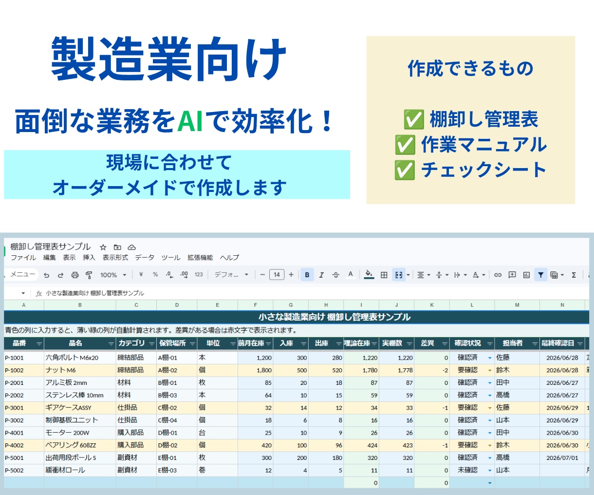 製造現場の業務改善ツールを作成します 棚卸し・点検・マニュアル作成を効率化します イメージ1